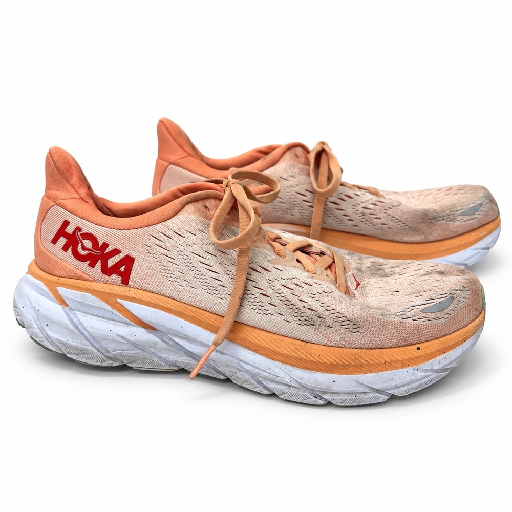 Hoka One One Clifton 8 Women 7.5B Orange Coral Running Shoes Sneakers Comfort